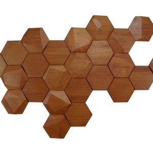 Set de 24 módulos facetados de madera para decoración de pared, 12 lisas 12 facetadas / módulos hexagonales imagen 8