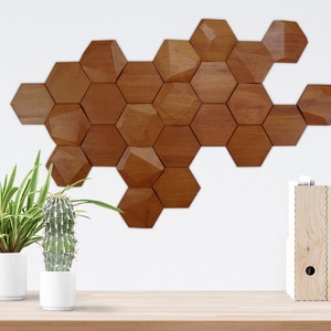 Set de 24 módulos facetados de madera para decoración de pared, 12 lisas 12 facetadas / módulos hexagonales imagen 1