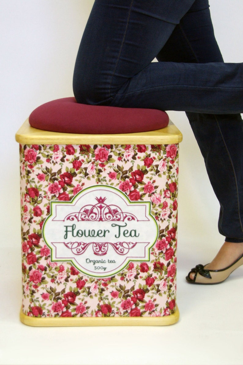 Wood upholstered stool Tea box shape image 2