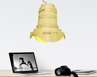 Wood lamp shade, in the shape of a camera lens