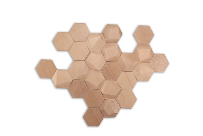 Set de 24 módulos facetados de madera para decoración de pared, 12 lisas 12 facetadas / módulos hexagonales imagen 7