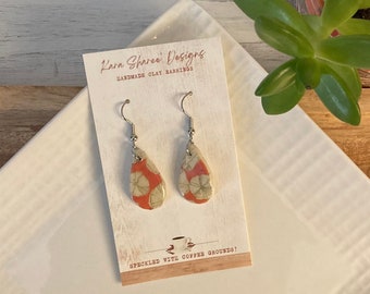 Coral Floral Earrings - Washi Tape Earrings - Clay Earrings - Coffee Earrings - Tear Drop Earrings - Coffee Gifts for Women - Lightweight