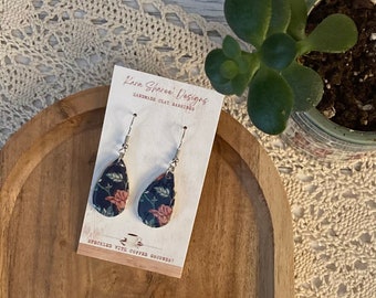 Floral Earrings - Washi Tape Earrings - Clay Earrings - Coffee Earrings - Tear Drop Earrings - Coffee Gifts for Women - Lightweight Earrings