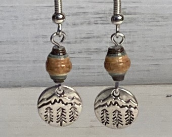Mountain Earrings, Mountain Jewelry, Pine Tree Earrings, Mountain and Tree Earrings, Forest Earrings, Nature Earrings, Paper Bead Earrings