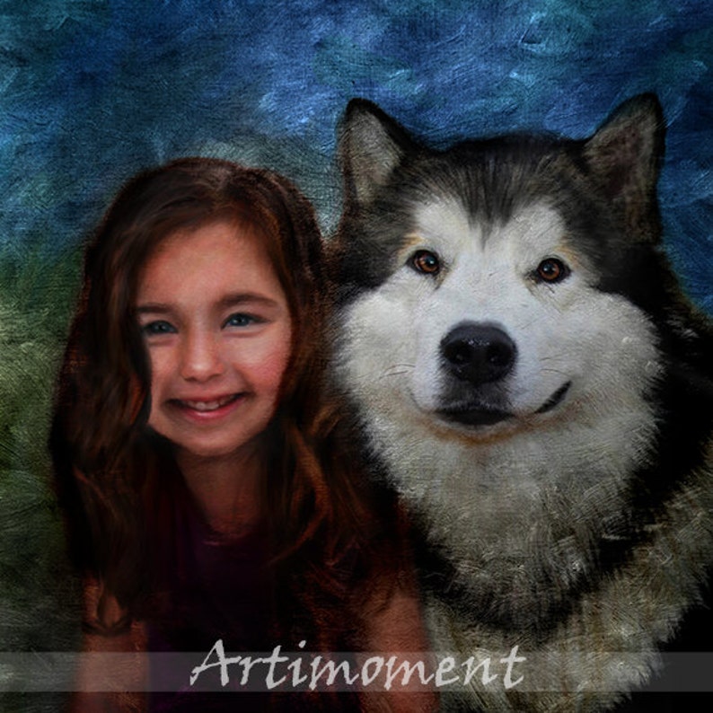 May include: A young girl with long brown hair smiles at the camera while standing next to a large black and white Alaskan Malamute dog. The dog is also smiling and looking at the camera. The background is a blue and green watercolor wash.