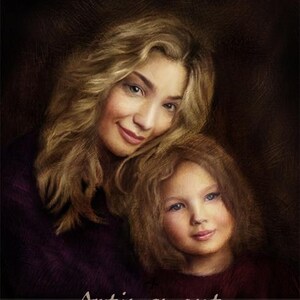 May include: A painting of a mother and daughter. The mother has long blonde hair and is wearing a purple shirt. The daughter has long blonde hair and is wearing a red shirt. The painting is in a warm, muted color palette.