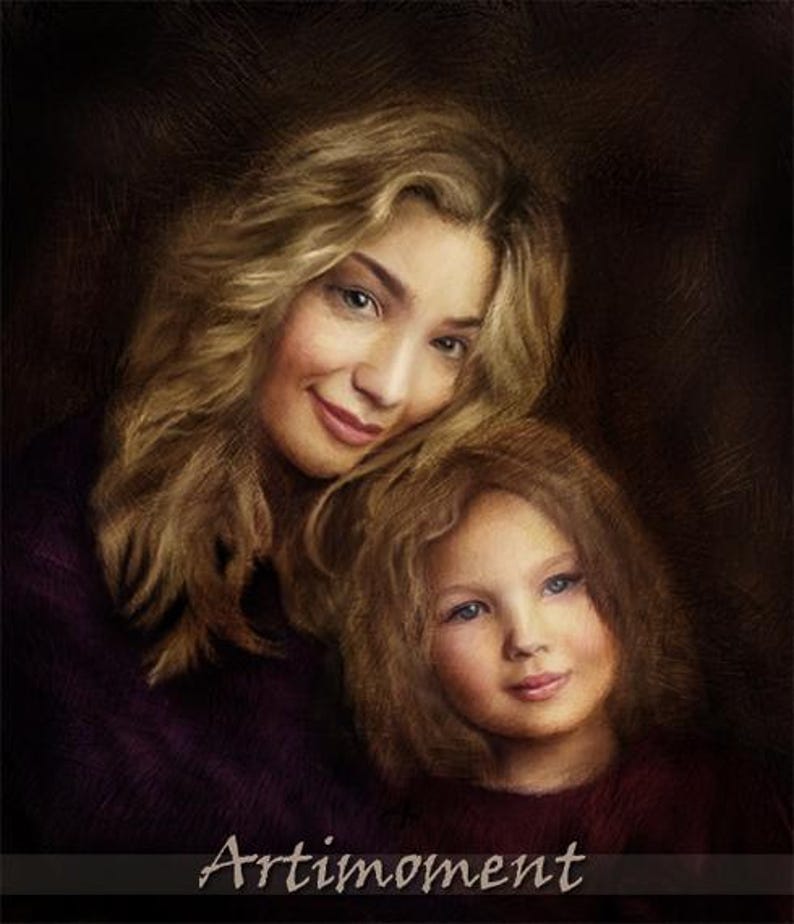 May include: A painting of a mother and daughter. The mother has long blonde hair and is wearing a purple shirt. The daughter has long blonde hair and is wearing a red shirt. The painting is in a warm, muted color palette.