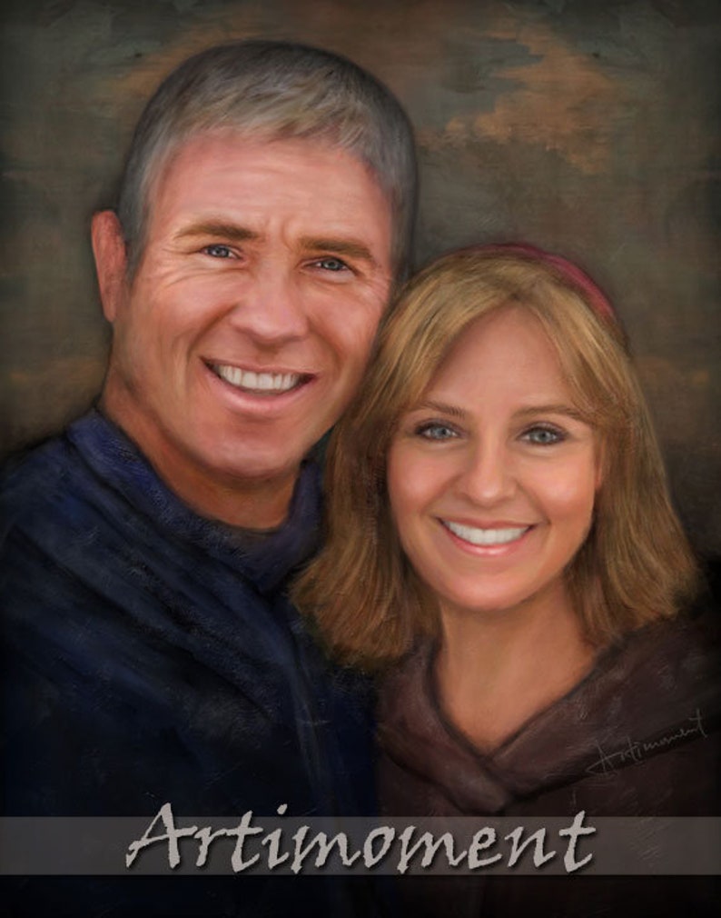 May include: A painting of a couple, a man and a woman, with a soft, painterly style. The man is wearing a blue shirt and the woman is wearing a brown jacket. The painting is titled "Artimoment".
