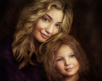 May include: A painting of a mother and daughter. The mother has long blonde hair and is wearing a purple shirt. The daughter has long blonde hair and is wearing a red shirt. The painting is done in a soft, painterly style.