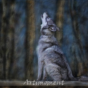 May include: A gray wolf howls at the moon in a dark forest setting. The wolf is sitting on a wooden platform with the word "Artmoment" printed on it.
