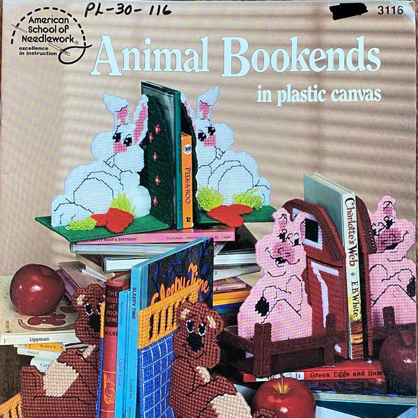 American School Of Needlework® Animal Bookends In Plastic Canvas #3116 By Debbie Tabor - Vintage Cross Stitch Patterns - Hobby Sewing Decor