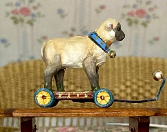 Dollhouse Miniature Hand Decorated Artisan Painted Sheep - Doll Pull Toy - Collectible 1:12 Miniature Nursery Decor - Estate