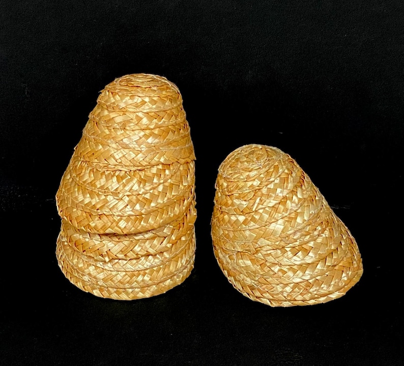 Pu&ograve; includere: Due piccoli cappelli di paglia intrecciata a forma conica. I cappelli sono fatti di paglia marrone chiaro, fittamente intrecciata, e hanno un bordo leggermente svasato. Un cappello &egrave; impilato sopra altri, mentre l'altro &egrave; separato.