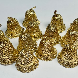 12 Soft Plastic Gold Bells - Christmas Wreath Tree Accent - Non-Ringing/Silent - Ornament - Vintage Hong Kong - Holiday - DIY Crafting - NOS