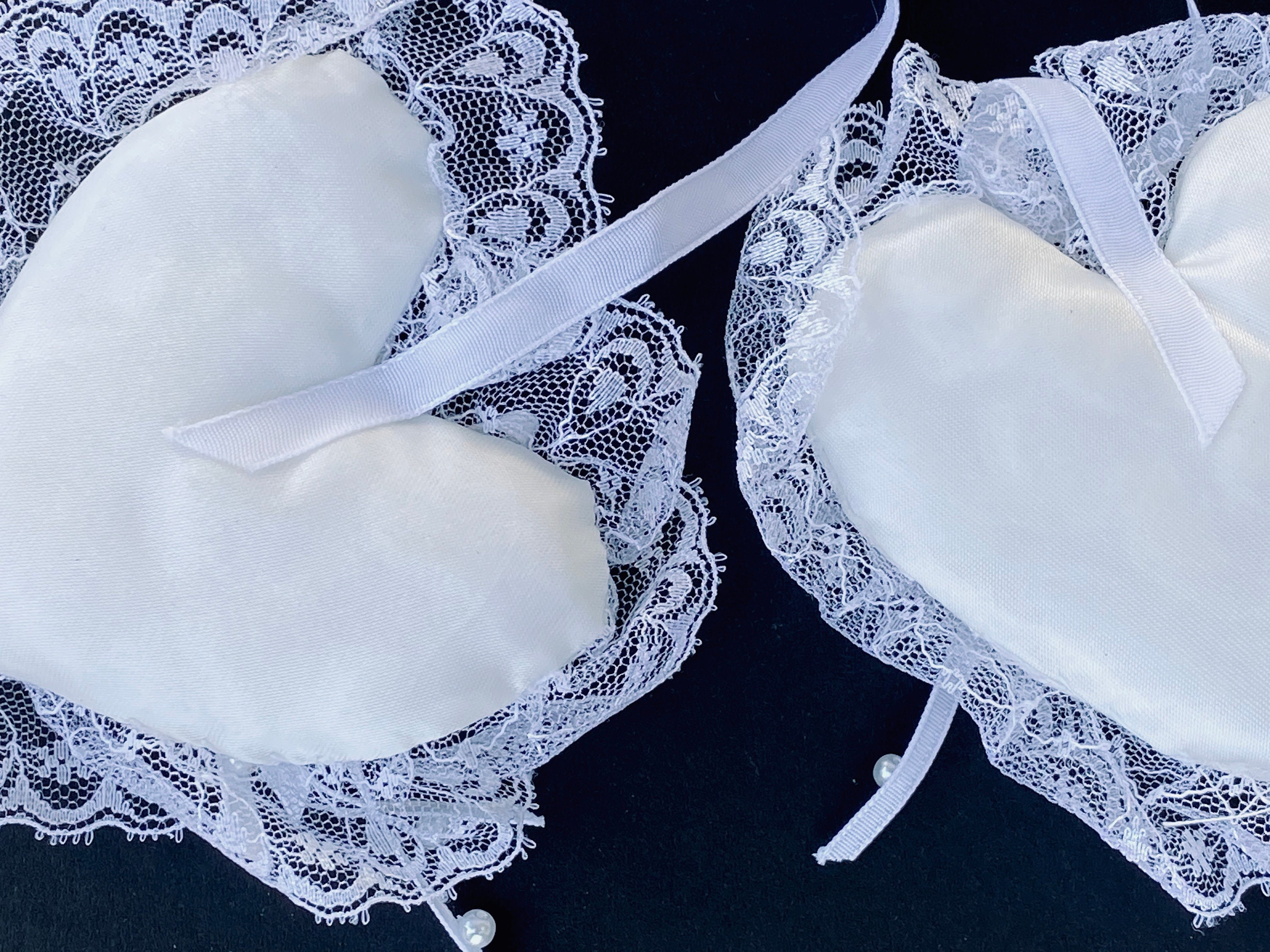 White Ring Bearer Pillows Set Satin Lace/Ribbon Trim Double Etsy