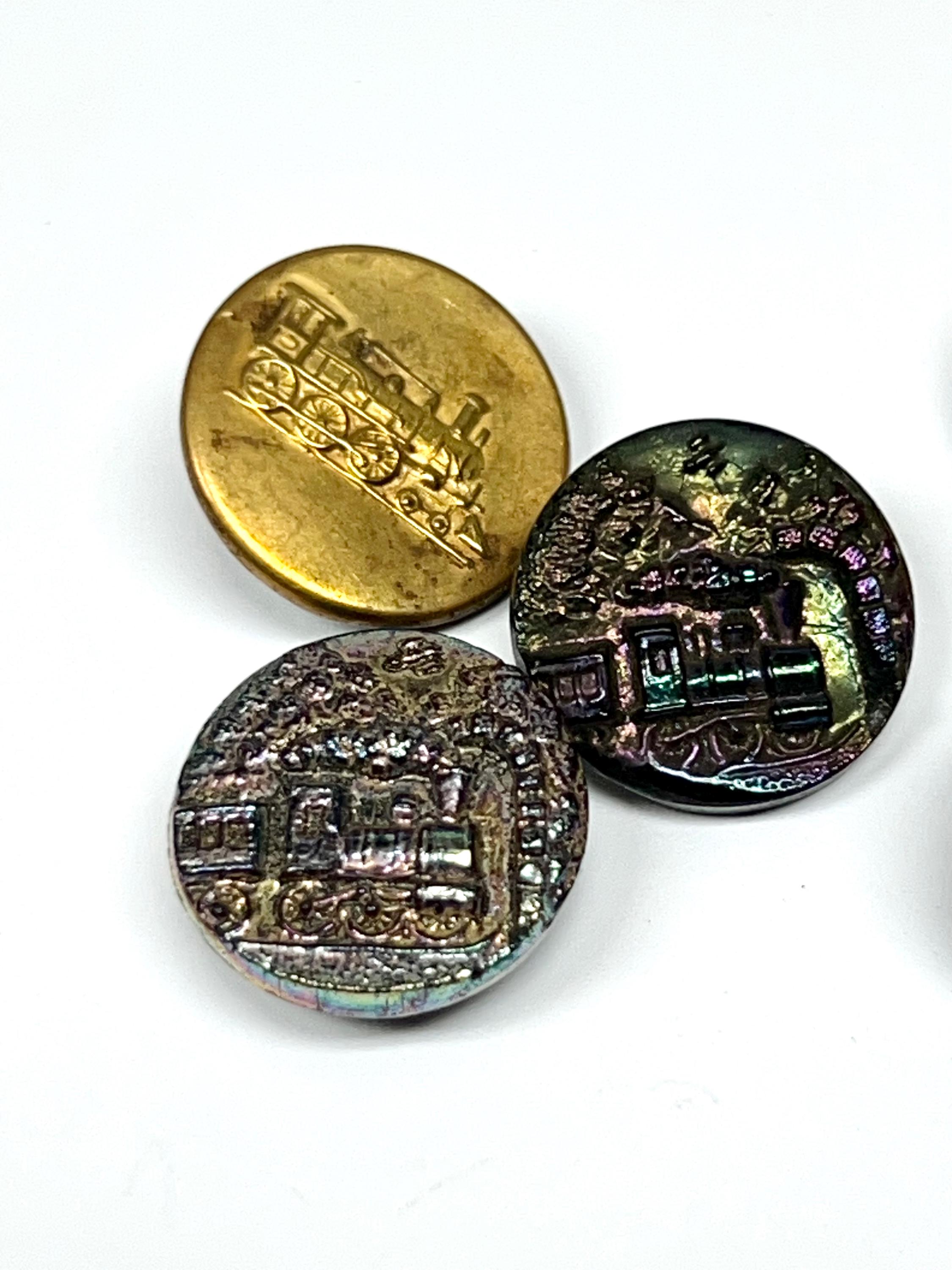 Antique Train Picture Buttons: Brass & Carnival Luster Glass, Sewing ...
