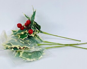 74cm 1PC Xmas Red Berry Holly Leaves Branch Artificial Flower Pick Decor #HF0 