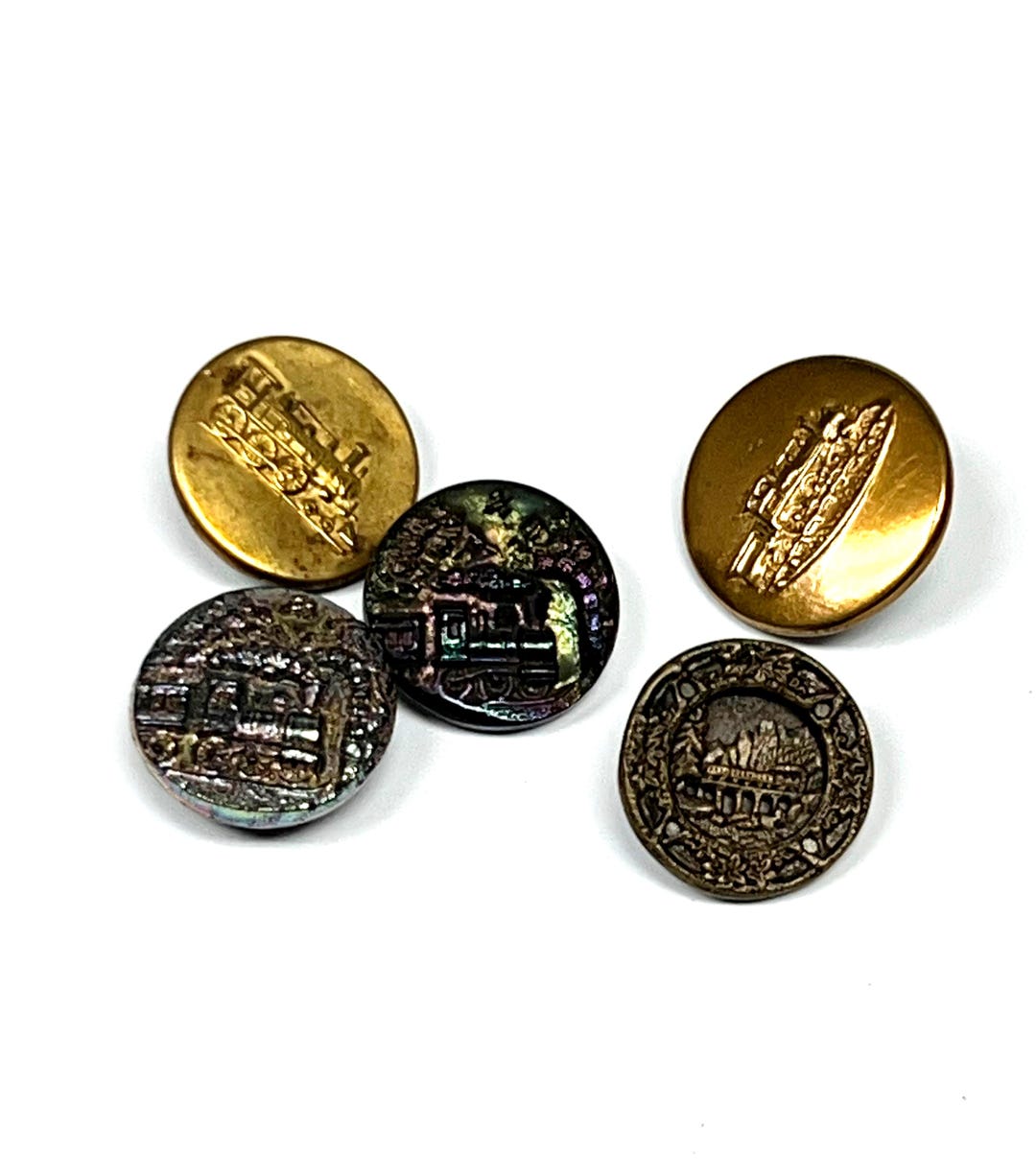 Antique Train Picture Buttons: Brass & Carnival Luster Glass, Sewing ...