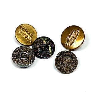 Antique Train Picture Buttons: Brass & Carnival Luster Glass, Sewing Notions