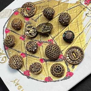 15 Antique Twinkle Button On Antique &quot;Birthday Greeting&quot; Post Card - Pierced Metal Button - Shank & Sew Thru