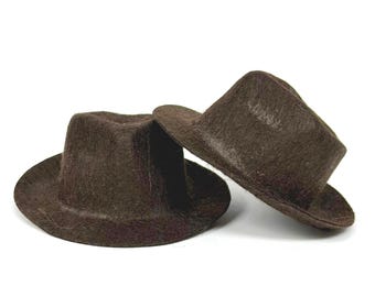 2 Dark Brown Felt Fedora Hats 3-1/2” -  Doll Accessory, Prop, Crafting Supplies