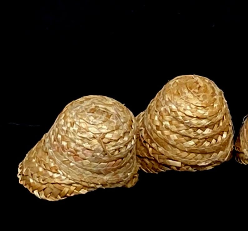 Pu&ograve; includere: Diversi piccoli cappelli di paglia intrecciata, di colore marrone dorato naturale, sono disposti su uno sfondo nero. I cappelli hanno una corona arrotondata e un bordo leggermente svasato, che mostra un motivo a trama fitta. I cappelli sembrano fatti a mano.