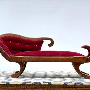 Vintage Sonia Messer Imports Burgundy Velvet Chaise Lounge- 1&quot; Scale Dollhouse Miniature Furniture - Made In Columbia -Pre-Owned Collectible
