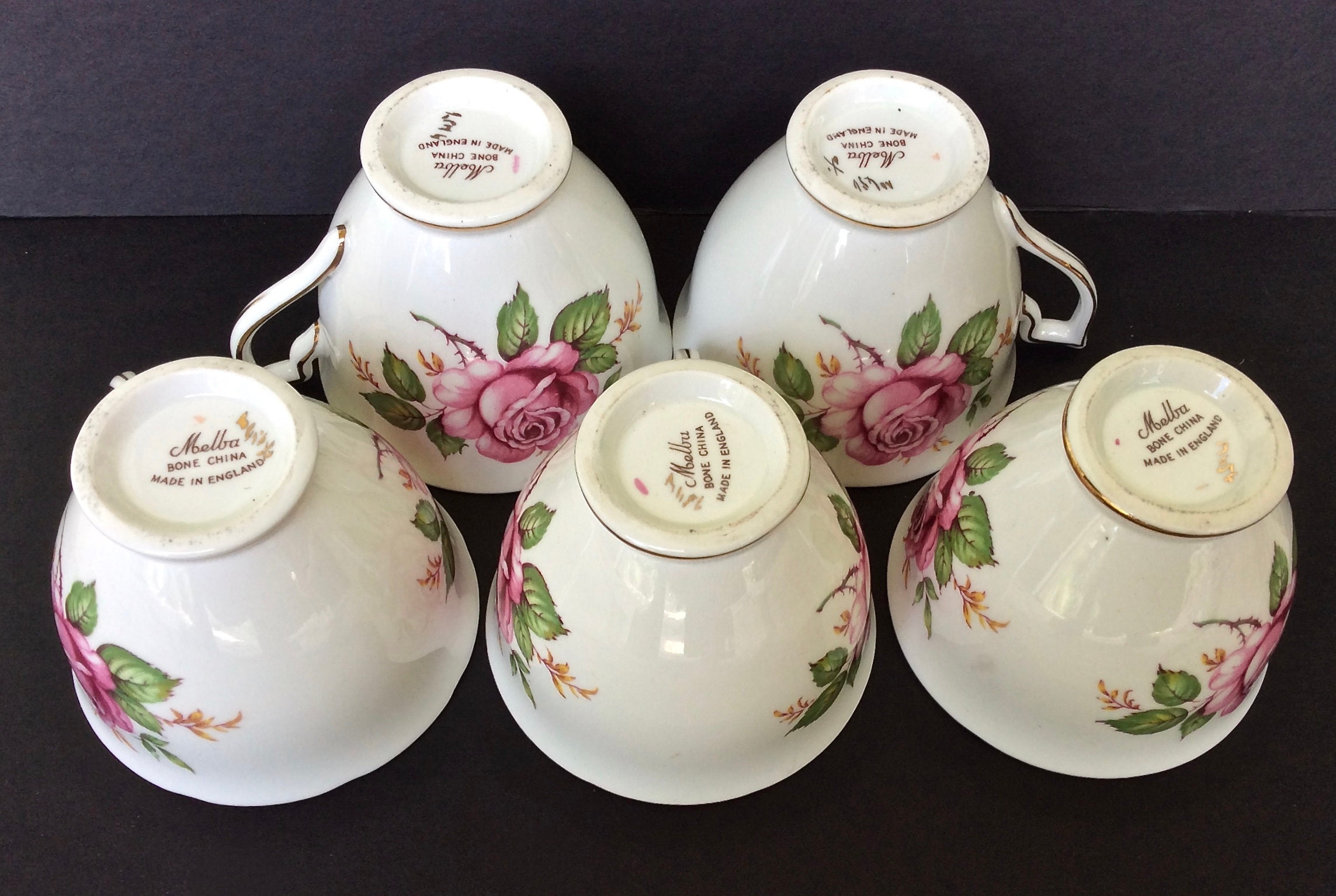 Melba Bone China Tea Cups / Large Pink Rose Center / Gold Trim Etsy