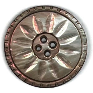May include: A large, round, iridescent, mother-of-pearl button with a four-hole center and a carved flower design.