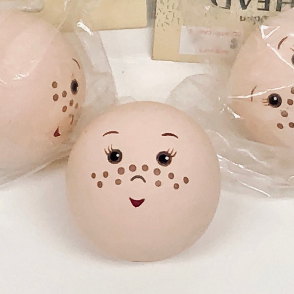 3 Pcs.→ 50mm Painted Freckled Face Wooden Doll Heads - 2 Inch Packaged Wang’s International -  Round Happy Face— NOS-Vintage Arts and Crafts