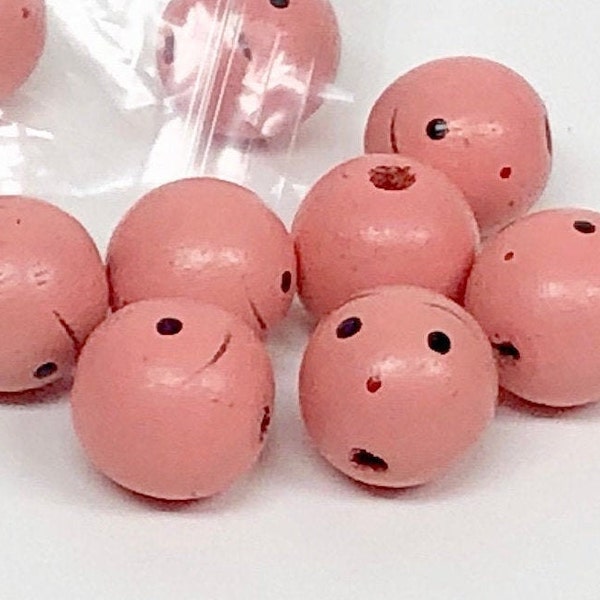 10 Painted Face 25mm Wooden Bead Heads — Miniature Doll — Thru Hole Pink Round — NOS — Vintage Sewing Crafting  - Taiwan