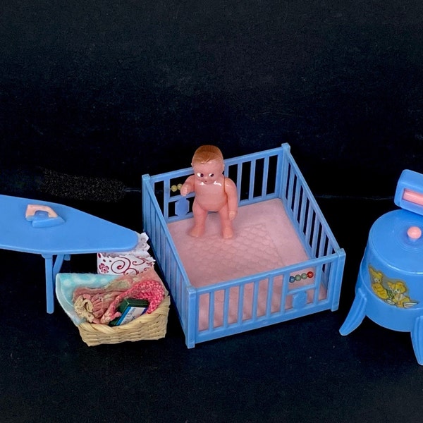 Vintage Renwal 5 Pc. Lot Plus Laundry Basket - Blue Wringer Washer, Playpen- Doll House Decor Accessory- True Scale Collectible Hard Plastic