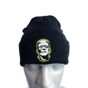 Frankenstein Long Beanie with Cuff, Knit Cap, Halloween, Horror Embroidered