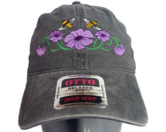 Bees and Flowers Low profile Embroidered hat, dad hat.