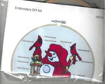 Snowman with Lantern and cardinals Embroidery Kit. Free Shipping