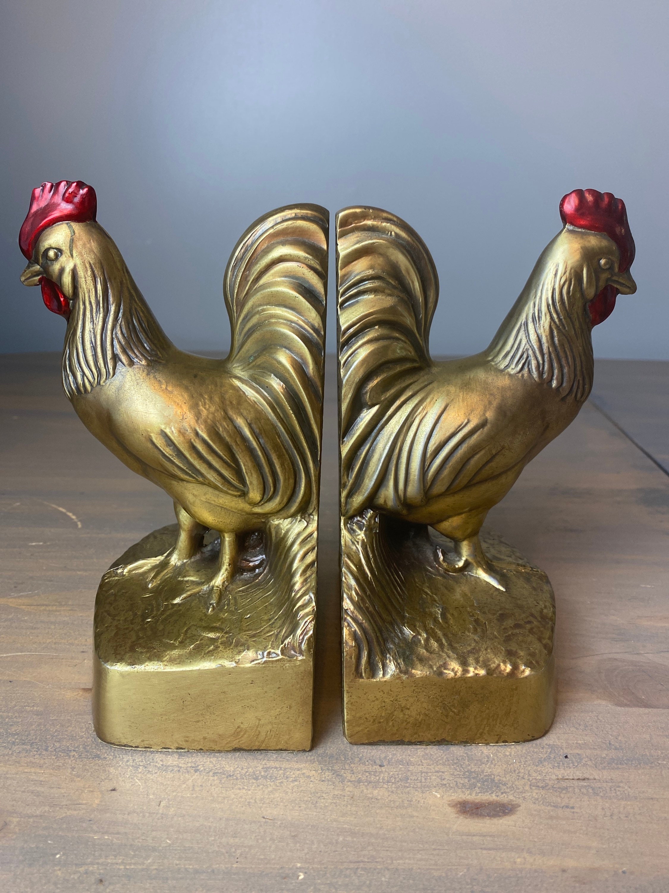 Brass Chicken Rooster Bookends Pair Etsy
