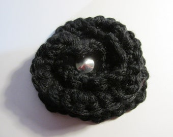 Black crocheted rose brooch