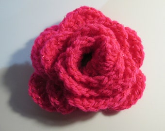 Large sparkly pink crocheted rose brooch