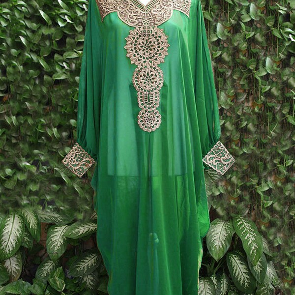 Moroccan Green Sheer Chiffon Kaftan Dubai Abaya Wedding Party Plus Size Maxi Dress Gold Embroidery With Cuff