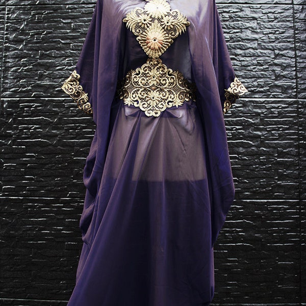 Moroccan kaftan dark purple  fancy gold embroidery abaya dubai style sheer chiffon maxi dress jalabiya.