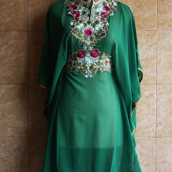 Moroccan Green Chiffon Kaftan Fancy Embroidery Dubai Abaya Tunic Blouse - For Women