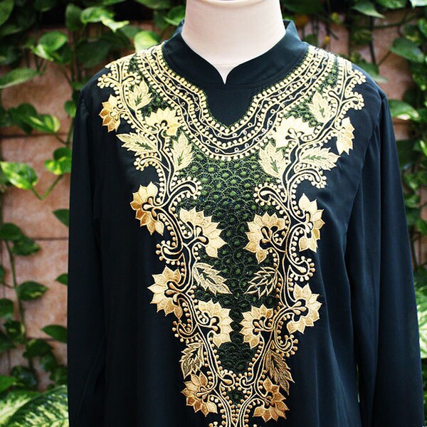 Dark GREEN Traditional Arabic Dress Hijab style unique embroidery abaya vintage maxi dress retro jalabiya