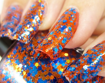 Orange and Blue Nail Polish - Orange and Blue Glitter Sparkle Bomb - Crystal Knockout Vegan (15 mL Full Size)