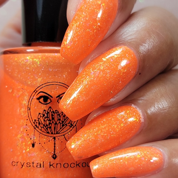 Bright Coral Orange Nail Polish, Gold Shimmer, Iridescent Flakies, Crystal Knockout, Throwback Block Party, Festival Wear (15mL Full Size)