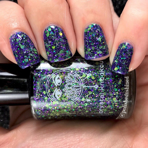 Purple Nail Polish, Deep Purple Green Holo Glitter Jelly, All Night Glow Stick from Crystal Knockout Slammin' 90s Summer (15mL Full Size)