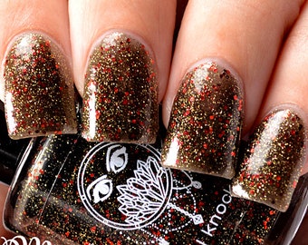 Black Nail Polish - Red, Gold Glitter - Vegan - Reduced Chemical - Dark Fall Polsh - Crystal Knockout - Greek Underworld (15ml Full Size)