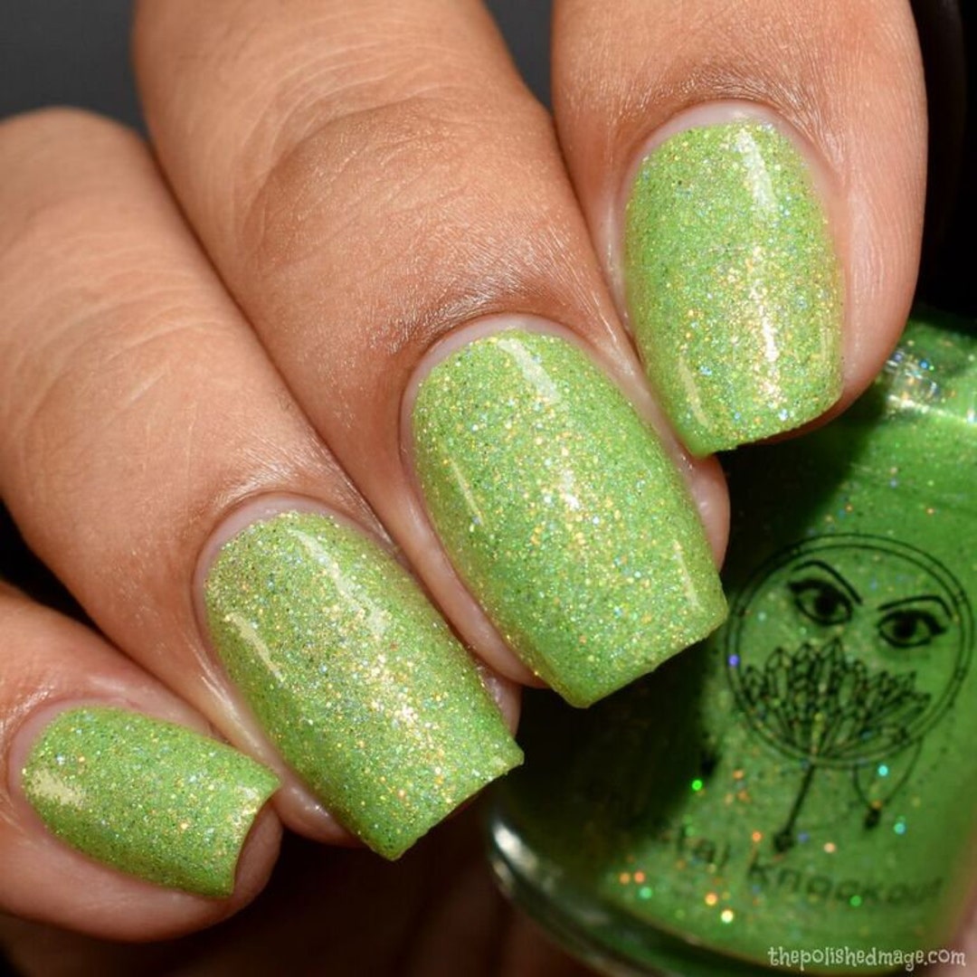 Bright Green Holographic Glitter Nail Polish Vegan, Reduced Chemical
