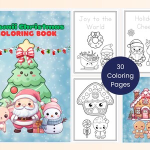 May include: A 'Kawaii Christmas Coloring Book' with 30 pages. The cover features a green Christmas tree with a red bow, Santa Claus, a reindeer, and a snowman. Inside, there are black and white illustrations of Christmas scenes, including a gingerbread house and Santa's sleigh.