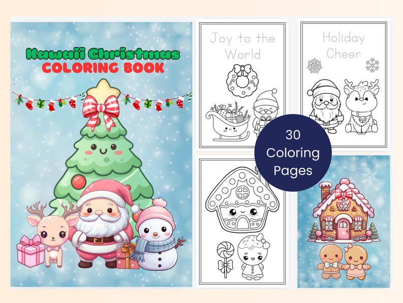 May include: A 'Kawaii Christmas Coloring Book' with 30 pages. The cover features a green Christmas tree with a red bow, Santa Claus, a reindeer, and a snowman. Inside, there are black and white illustrations of Christmas scenes, including a gingerbread house and Santa's sleigh.