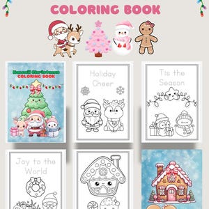 May include: A Kawaii Christmas coloring book with various festive illustrations. The cover features Santa Claus, a reindeer, a pink Christmas tree, a snowman, and a gingerbread person. Inside, there are pages with line drawings of holiday scenes, including Santa, reindeer, and snowmen.